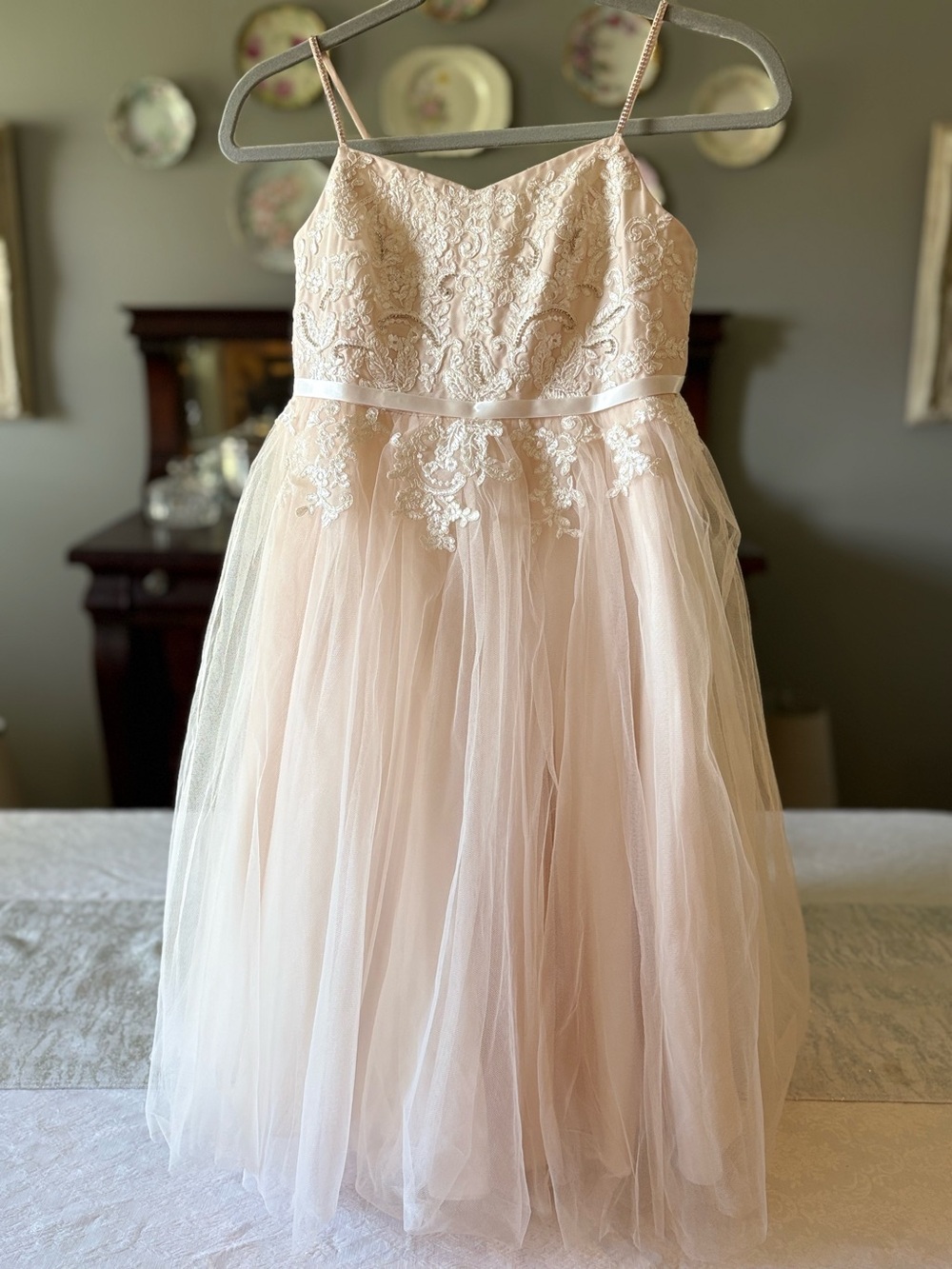 👑Princess Dress by David's Bridal Blush Lace & Tulle with Rhinestone Accents NWT